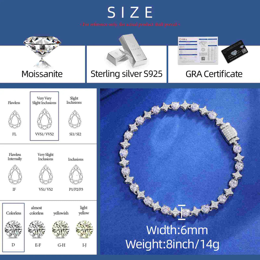 Moissanite Star and Tennis Bracelet in White Gold - 6mm