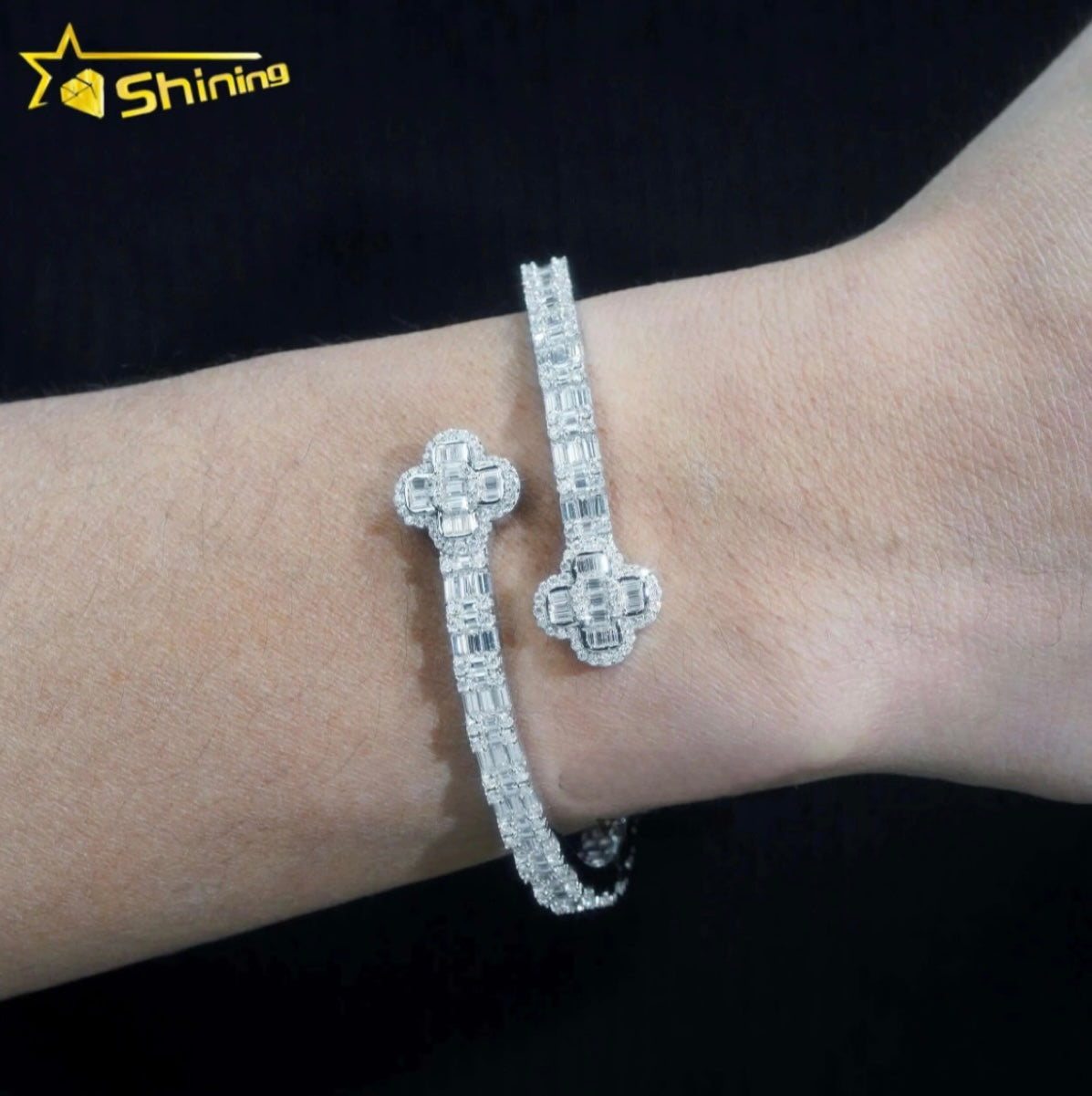 Moissanite Baguette Bangle Bracelet in White Gold