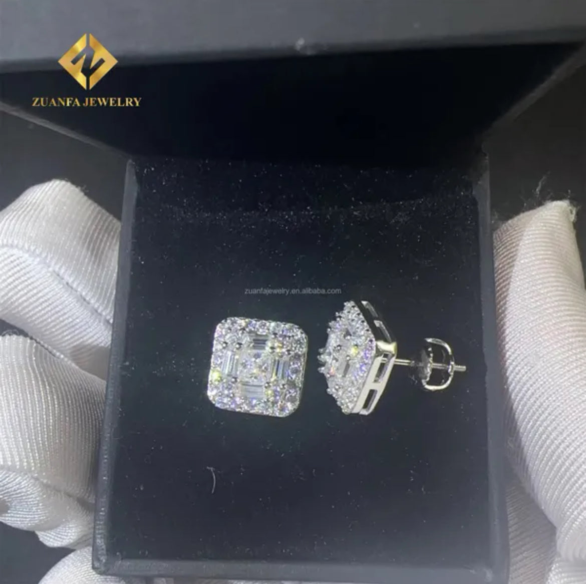 Square Cut Moissanite Baguette Stud Earrings in White Gold