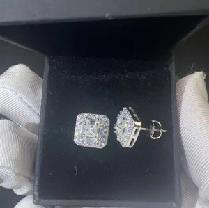 Square Cut Baguette Stud Earrings in White Gold