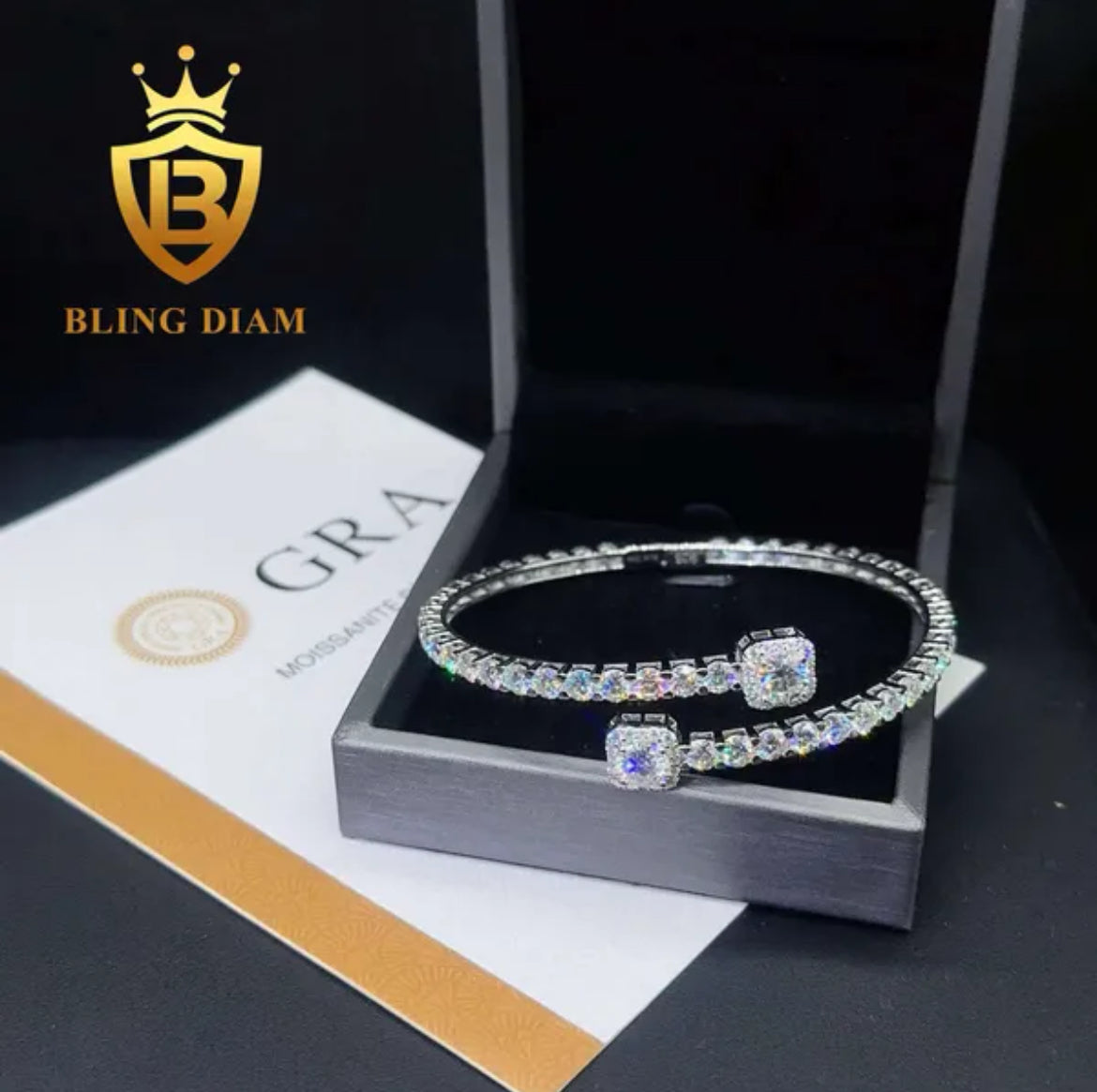 Square Cut Moissanite Bangle Tennis Bracelet in White Gold