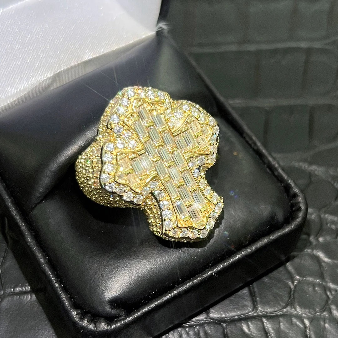 Moissanite Baguette Cross Ring in Yellow Gold