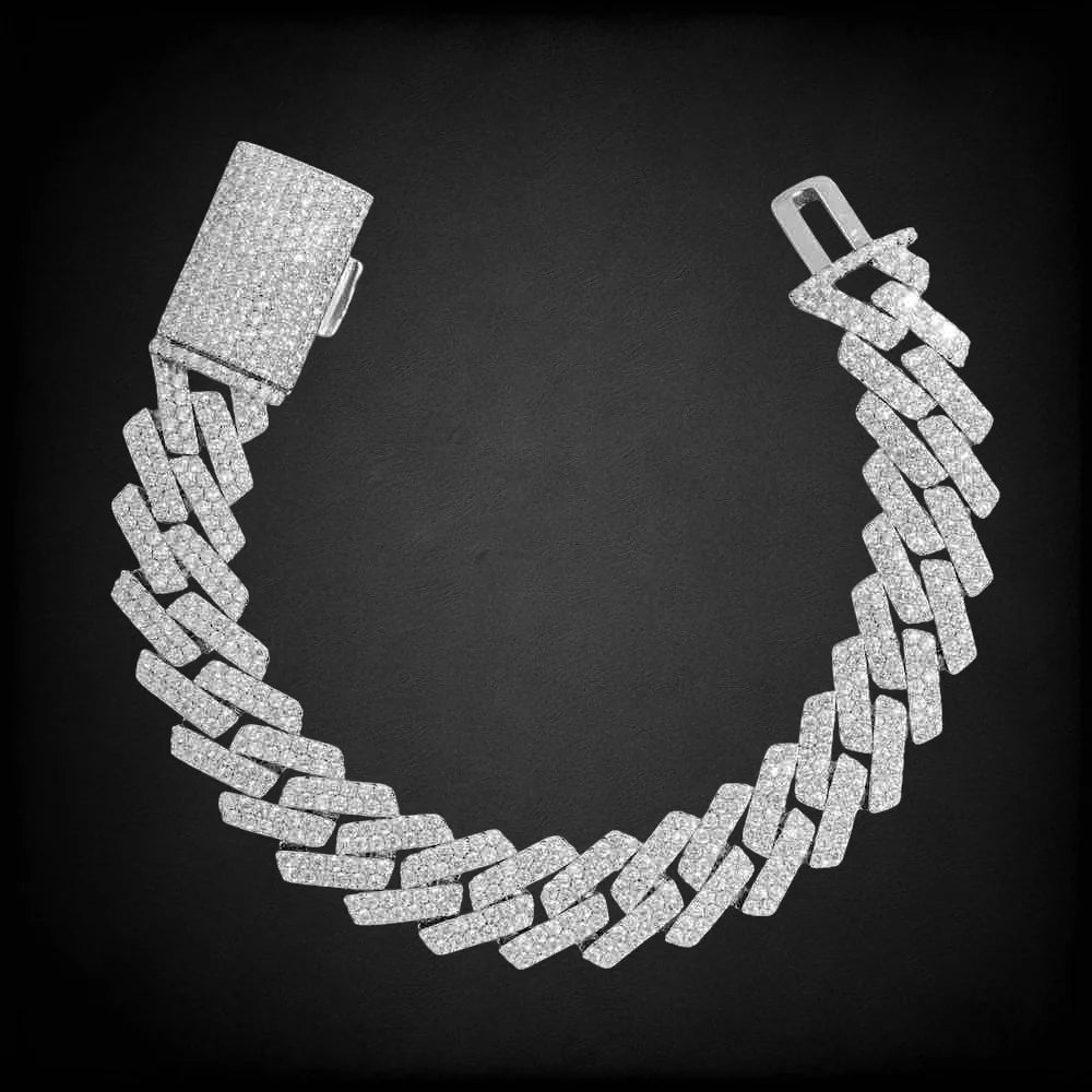 Moissanite Prong Cuban Link Bracelet in White Gold - 15mm