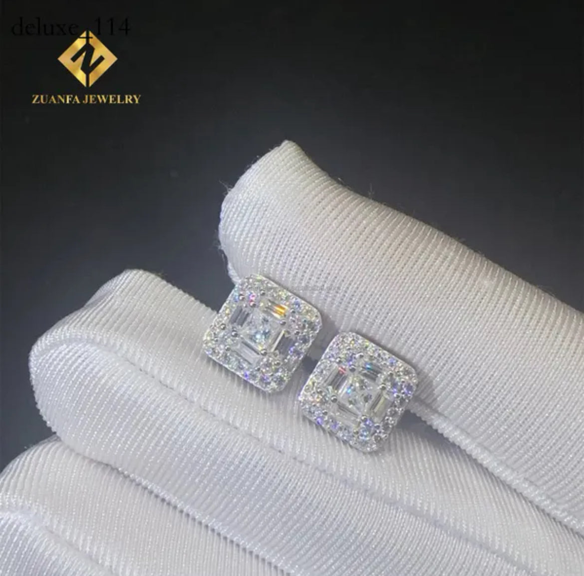 Square Cut Moissanite Baguette Stud Earrings in White Gold