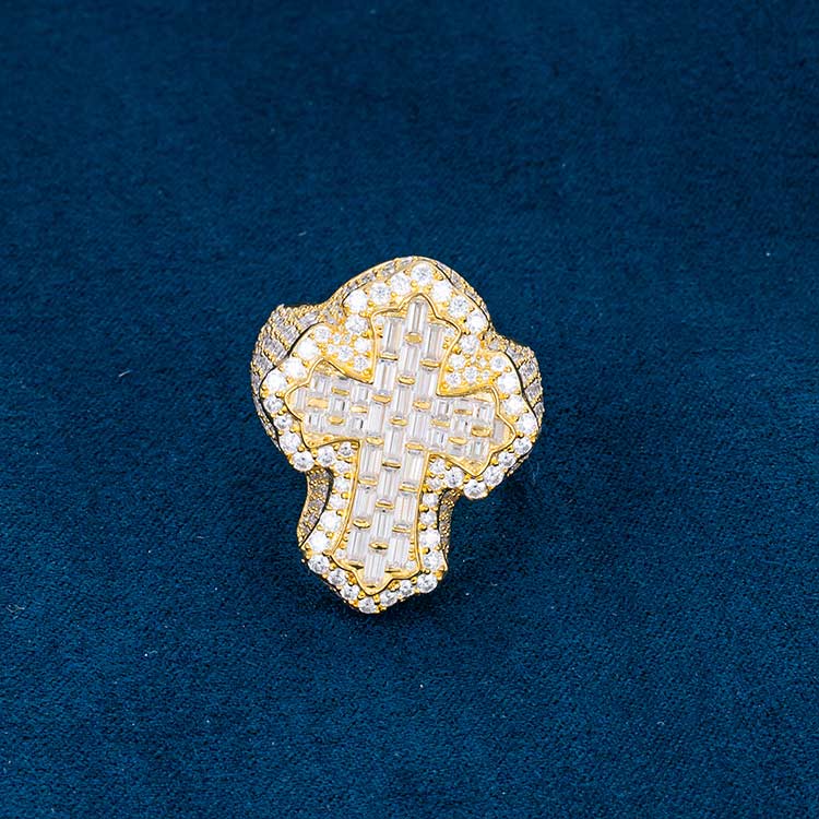 Moissanite Baguette Cross Ring in Yellow Gold