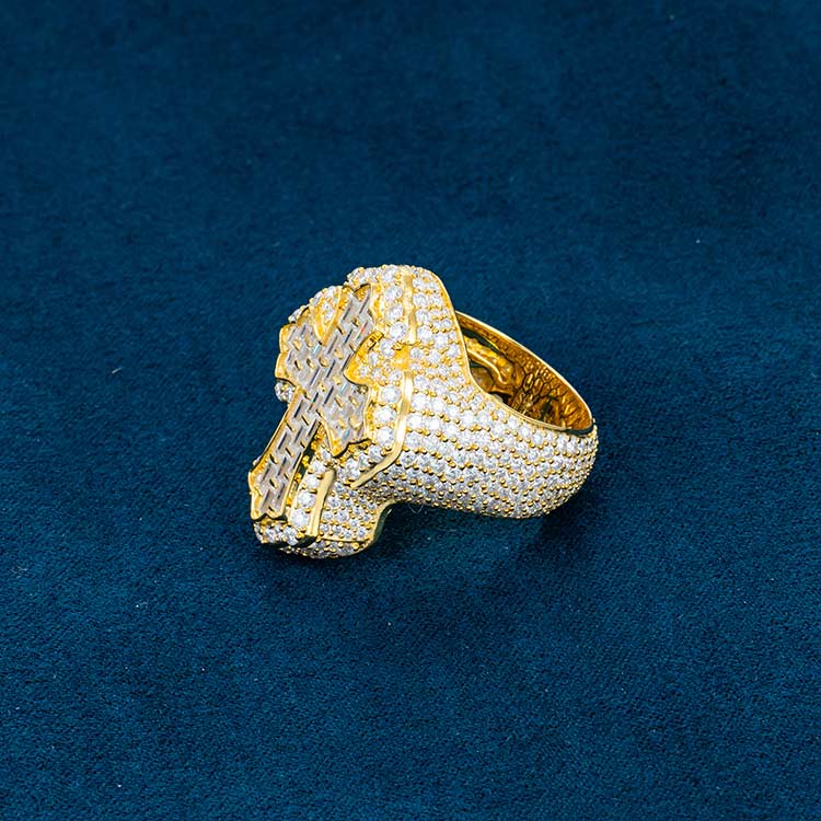 Moissanite Baguette Cross Ring in Yellow Gold