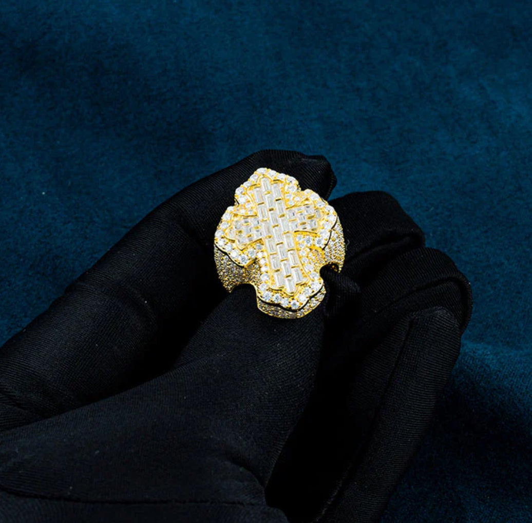 Moissanite Baguette Cross Ring in Yellow Gold