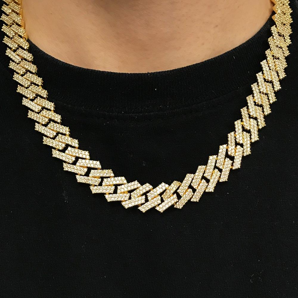 Moissanite Prong Cuban Link Chain in Yellow Gold - 15MM