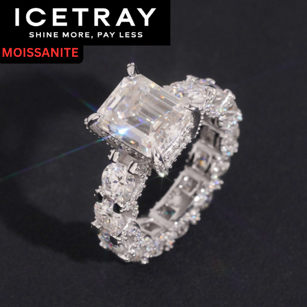 ICETRAY Deluxe Moissanite 5ct Emerald Cut Pave Set Engagement Ring